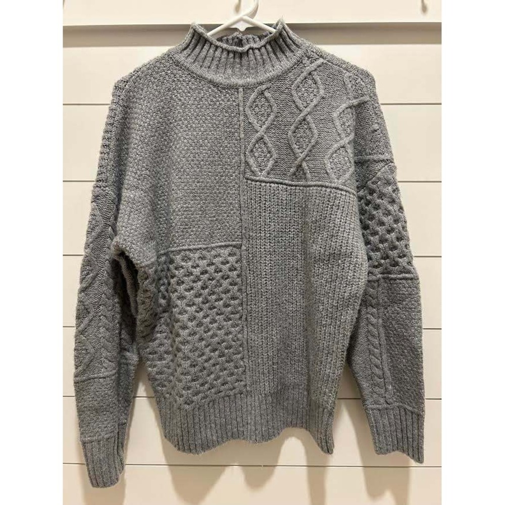 American Eagle Gray Patchwork Cable Knit Mock Roll Neck Sweater Sm Relaxed Fit